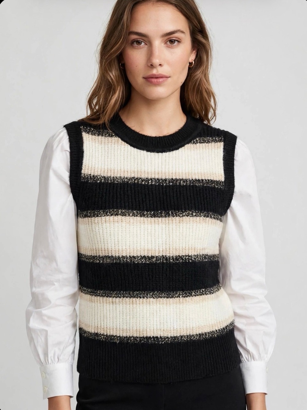 EVEREVE XS Sweater Top - Black Cream Striped with white shirt sleeves